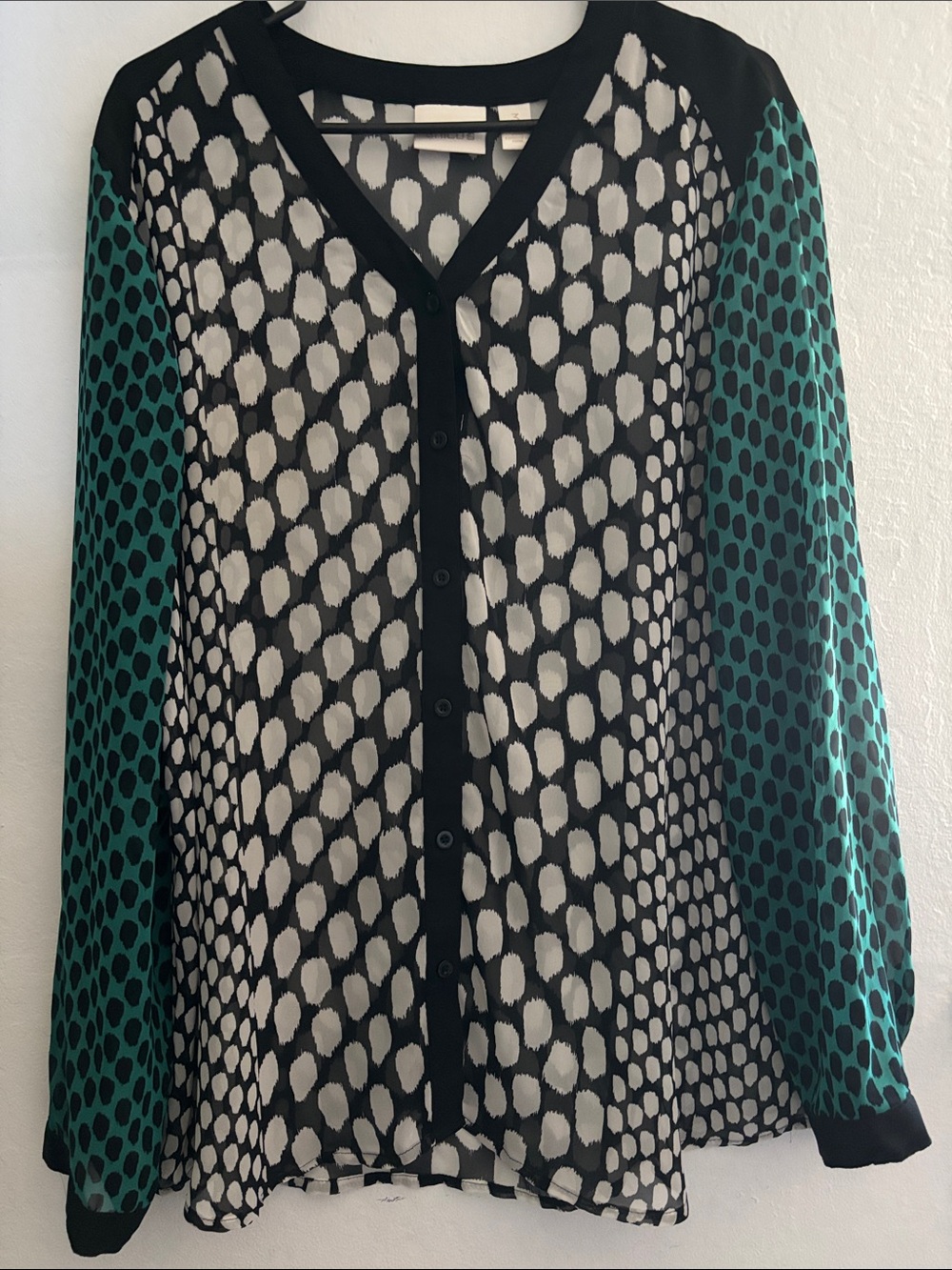 Chico's Black, White & Teal Button-Front Mixed Print Blouse